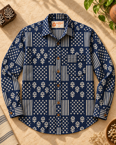Kartikeya Jaipur Natural Print Indigo Full Sleeves Shirt -Organic ( Pre Book - Dispatch by 5TH NOV )