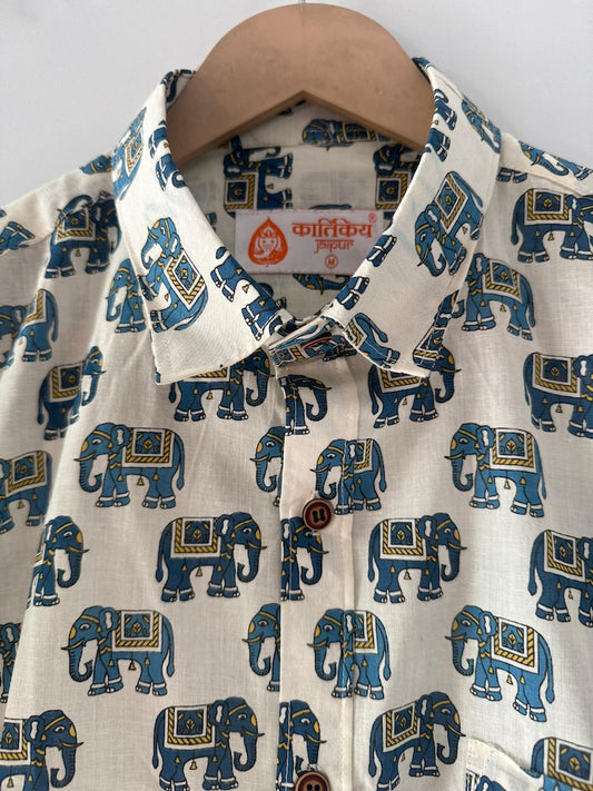 Traditional Vintage Elephant Print Cotton Shirt for Men