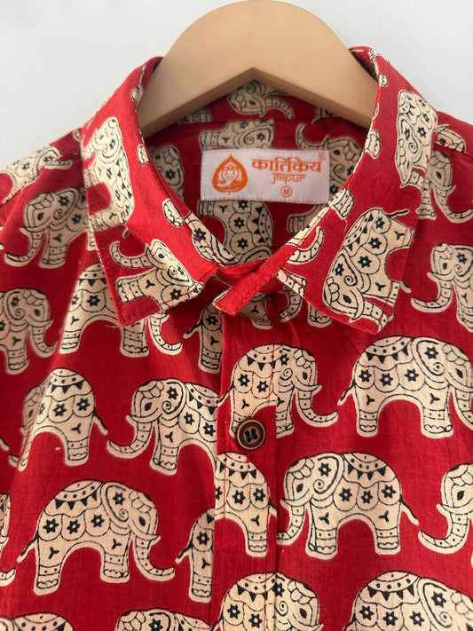 Traditional Vintage Elephant Print Cotton Shirt for Men