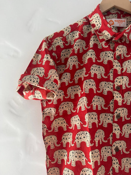 Traditional Vintage Elephant Print Cotton Shirt for Men