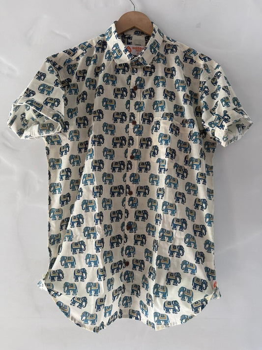 Traditional Vintage Elephant Print Cotton Shirt for Men