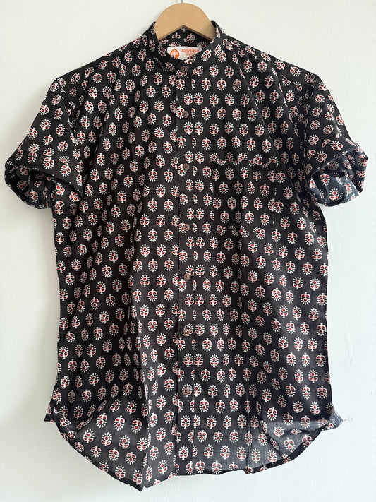 Ajrakh Print Men's Half Sleeves Cotton Shirt -Mandarin