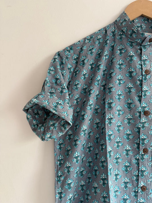 Ajrakh Print Men's Half Sleeves Cotton Shirt -Mandarin