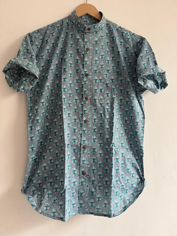Ajrakh Print Men's Half Sleeves Cotton Shirt -Mandarin