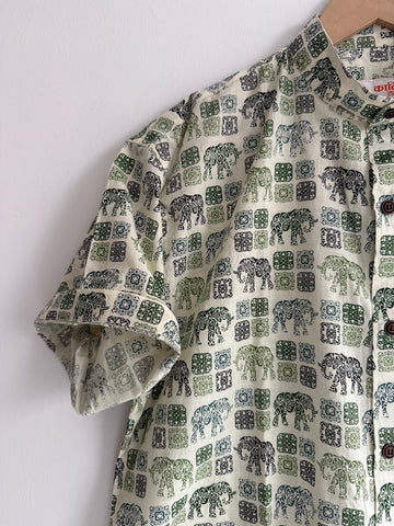 Elephant Print Men's Half Sleeves Cotton Shirt -Mandarin