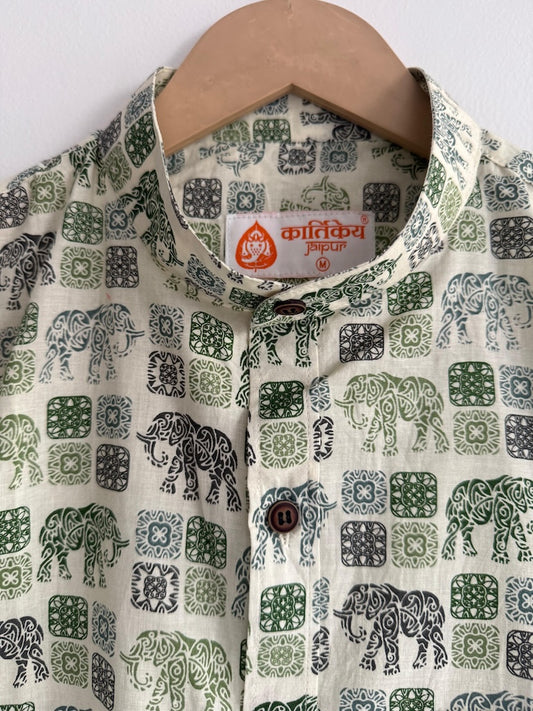 Elephant Print Men's Half Sleeves Cotton Shirt -Mandarin