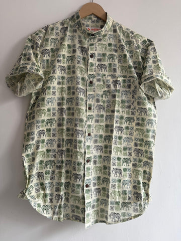 Elephant Print Men's Half Sleeves Cotton Shirt -Mandarin