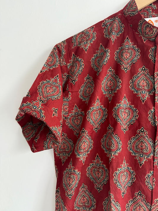 Ajrakh Print Men's Half Sleeves Cotton Shirt -Mandarin