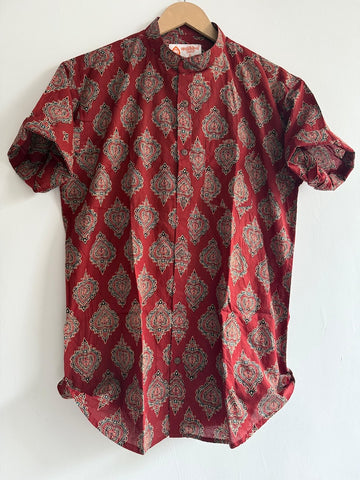 Ajrakh Print Men's Half Sleeves Cotton Shirt -Mandarin