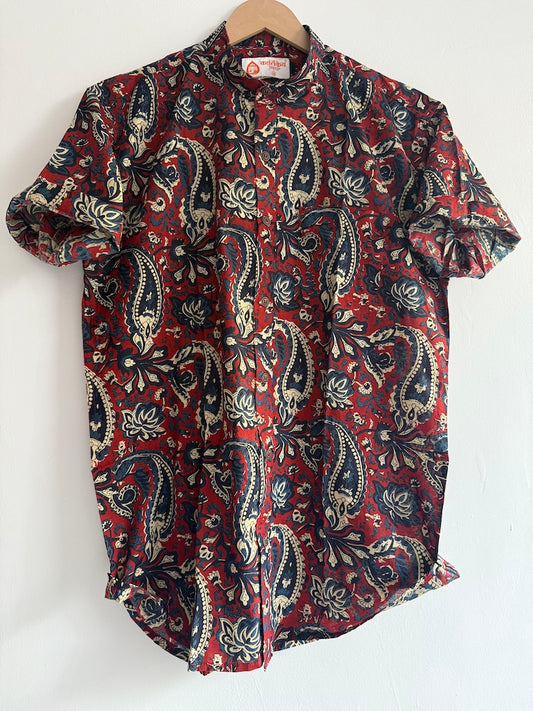 Men's Half Sleeves Ajrakh Print Cotton Shirt -Mandarin