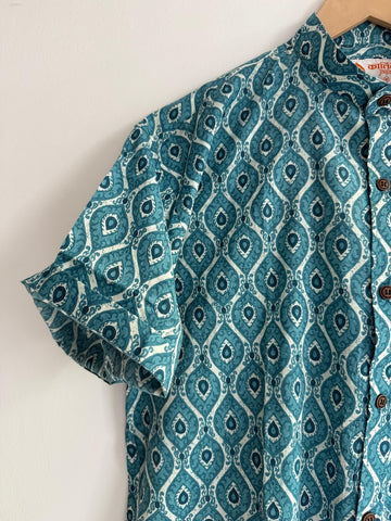 Kartikeya Jaipur Mandarin Collar Ajrakh Print Cotton Shirt  For Mens