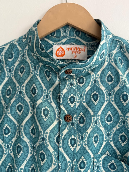 Kartikeya Jaipur Mandarin Collar Ajrakh Print Cotton Shirt  For Mens