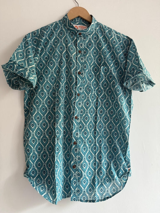 Kartikeya Jaipur Mandarin Collar Ajrakh Print Cotton Shirt  For Mens