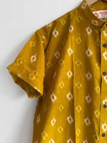 Yellow Ikat Print Cotton Shirt for Men - Mandarin