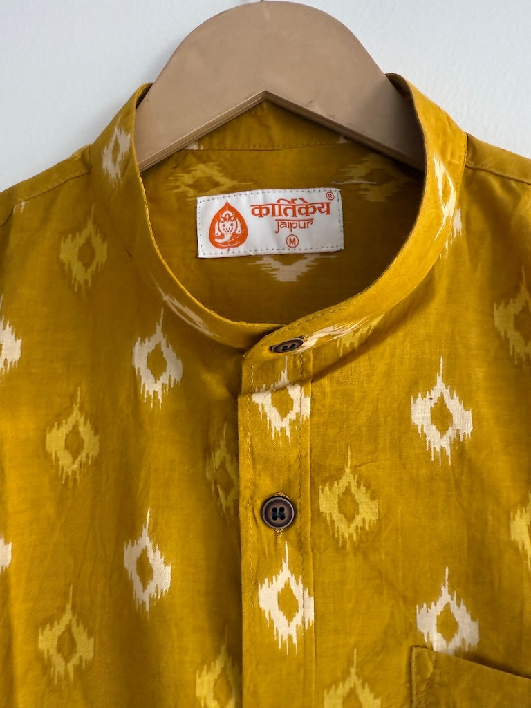 Yellow Ikat Print Cotton Shirt for Men - Mandarin
