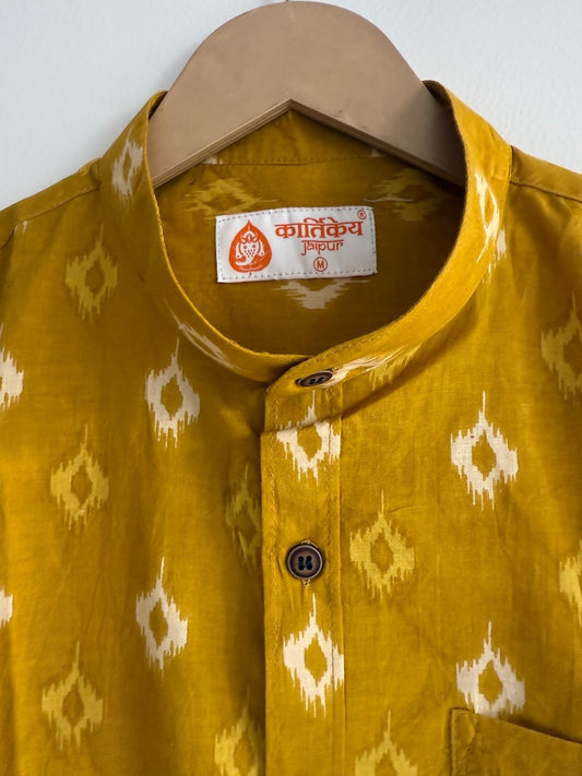 Yellow Ikat Print Cotton Shirt for Men - Mandarin