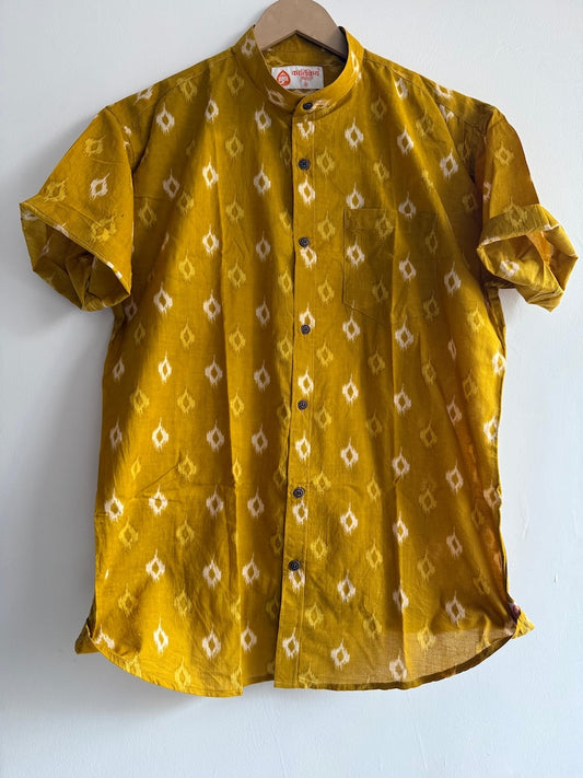 Yellow Ikat Print Cotton Shirt for Men - Mandarin