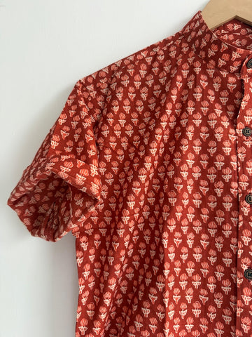 Men's Half Sleeves Ajrakh Print Cotton Shirt -Mandarin