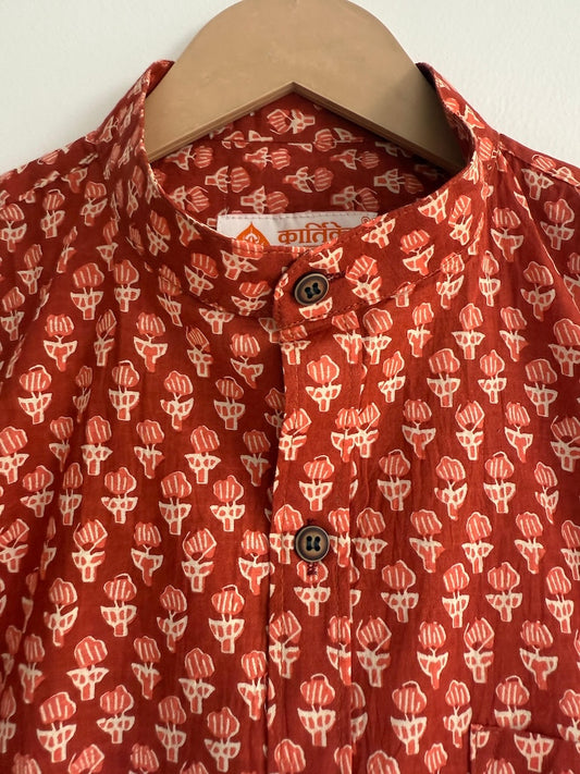 Men's Half Sleeves Ajrakh Print Cotton Shirt -Mandarin