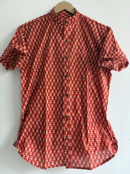 Men's Half Sleeves Ajrakh Print Cotton Shirt -Mandarin