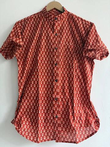 Men's Half Sleeves Ajrakh Print Cotton Shirt -Mandarin