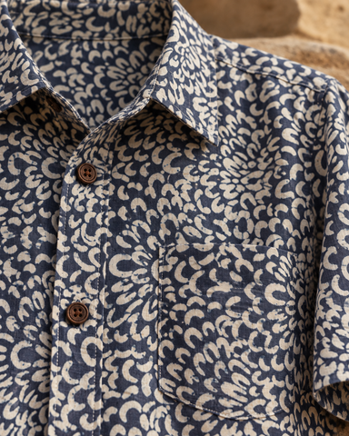 Kartikeya Jaipur Natural Print Indigo Half Sleeves Shirt - Limited Edition ( Pre book dispatch by 10TH OCT )