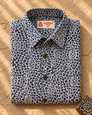 Kartikeya Jaipur Natural Print Indigo Half Sleeves Shirt - Limited Edition ( Pre book dispatch by 10TH OCT )