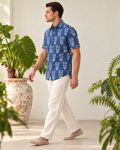 Kartikeya Jaipur Natural Print Indigo Half Sleeves Shirt - Limited Edition ( Pre book dispatch by 10TH OCT )