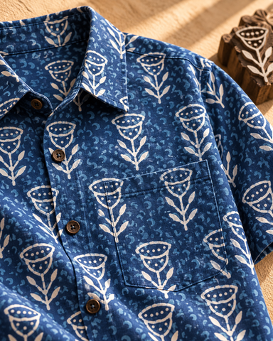 Kartikeya Jaipur Natural Print Indigo Half Sleeves Shirt - Limited Edition ( Pre book dispatch by 10TH OCT )