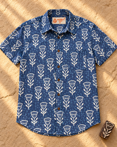 Kartikeya Jaipur Natural Print Indigo Half Sleeves Shirt - Limited Edition ( Pre book dispatch by 10TH OCT )