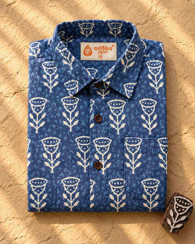 Kartikeya Jaipur Natural Print Indigo Half Sleeves Shirt - Limited Edition ( Pre book dispatch by 10TH OCT )