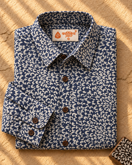 Kartikeya Jaipur Natural Print Indigo Full Sleeves Shirt -Organic ( Pre Book - Dispatch by 10th Oct )