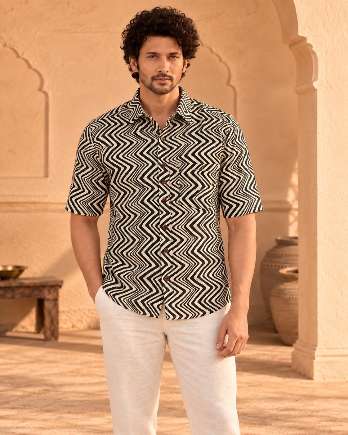 Abstract Print Half Sleeve Cotton Shirt for Men
