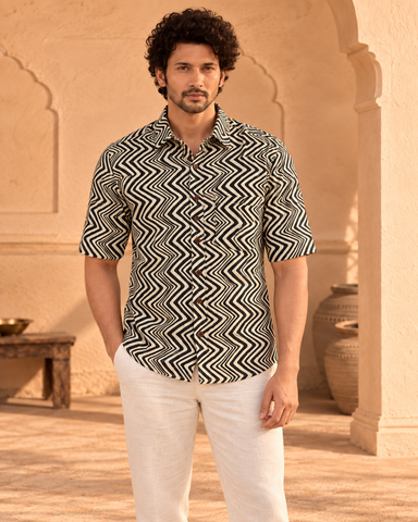 Abstract Print Half Sleeve Cotton Shirt for Men