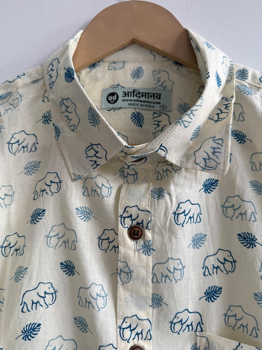 Traditional Blue Elephant Print Shirt Men