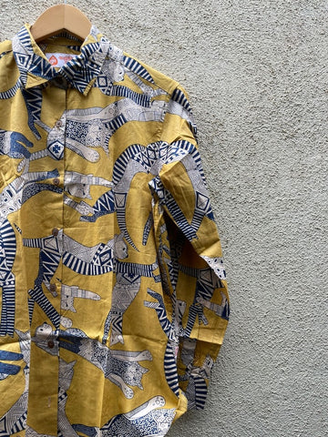 Sphynx Cat Print Cotton Mustard Shirt for Women