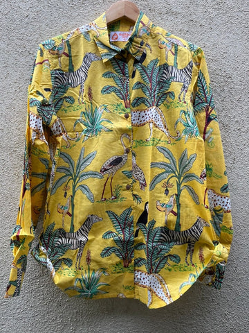 Yellow Jungle Print Full Sleeve Cotton Shirt for Womens
