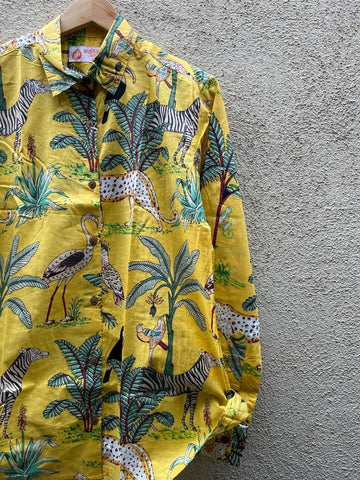 Yellow Jungle Print Full Sleeve Cotton Shirt for Womens
