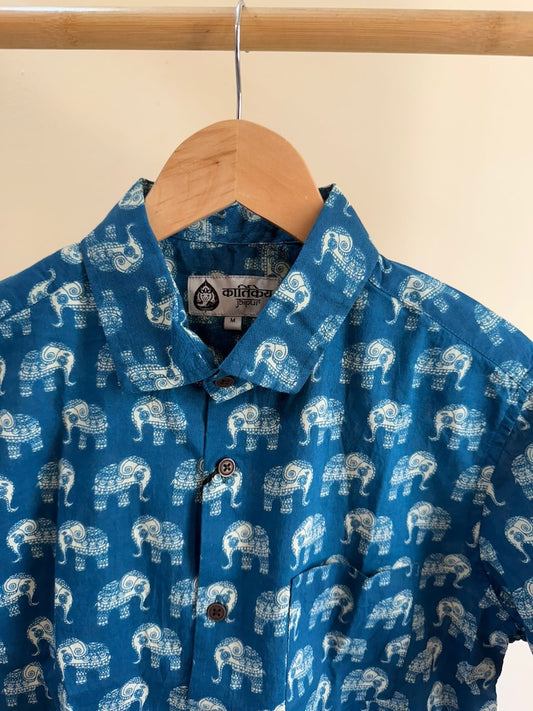 Classic Elephant Print Cotton Shirt for Men - Peacock blue