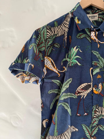 Blue Jungle Print Vintage Short Sleeve Men's Shirt