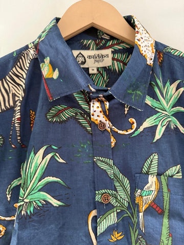 Blue Jungle Print Vintage Short Sleeve Men's Shirt