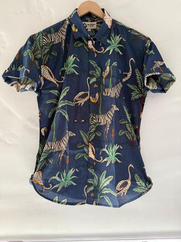 Blue Jungle Print Vintage Short Sleeve Men's Shirt