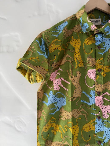 Green Jungle Print Vintage Short Sleeve Men's Shirt