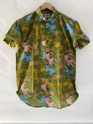 Green Jungle Print Vintage Short Sleeve Men's Shirt