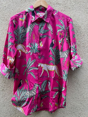 Pink Jungle Print Vintage Full Sleeve Men's Shirt
