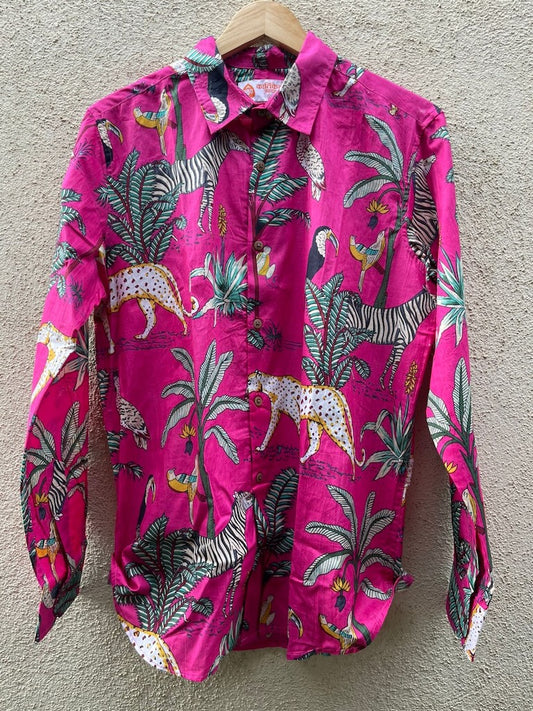 Pink Jungle Print Vintage Full Sleeve Men's Shirt