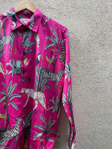 Pink Jungle Print Vintage Full Sleeve Men's Shirt