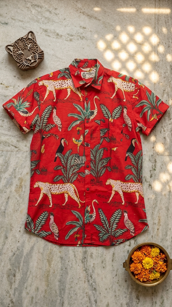 Red Jungle Print Half Sleeve Cotton Shirt for Men