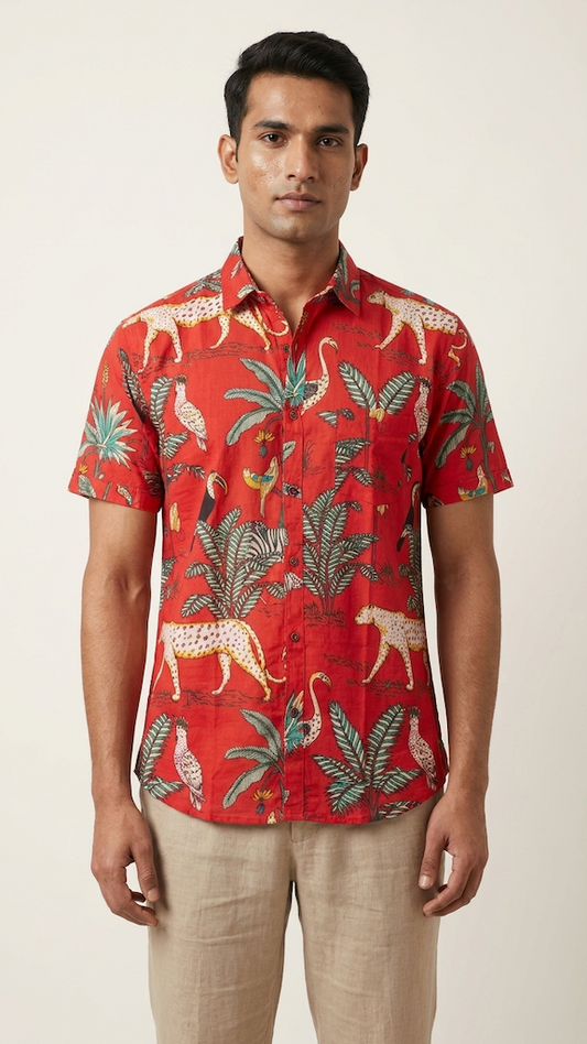 Red Jungle Print Half Sleeve Cotton Shirt for Men