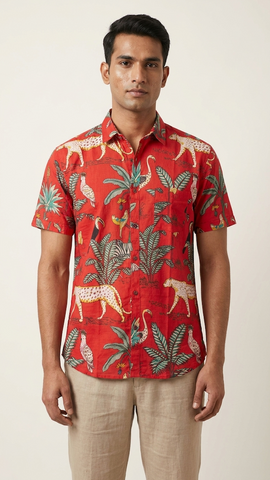 Red Jungle Print Half Sleeve Cotton Shirt for Men